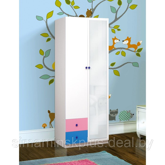 Шкаф 2-х дверный с зеркалом «Радуга», 800×490×2100 мм, цвет белый / розовый / синий - фото 1 - id-p224315089