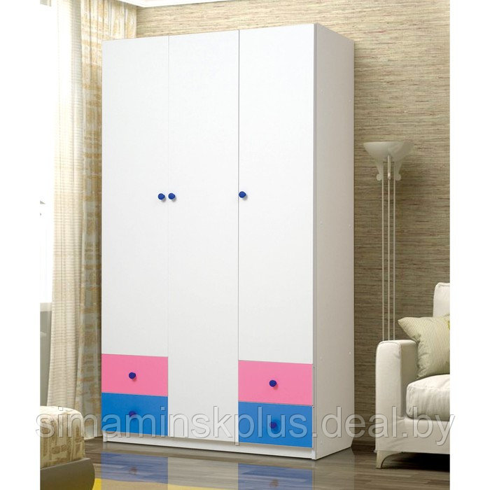 Шкаф 3-х дверный «Радуга», 1200×490×2100 мм, цвет белый / розовый / синий - фото 1 - id-p224315092