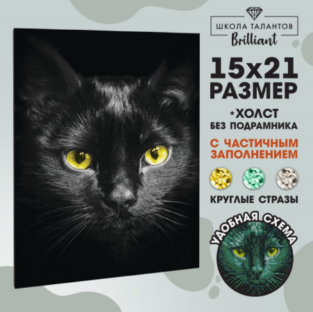 Алмазная мозаика с частичным заполнением «Чёрный кот», 15 х 21 см, холст. - фото 1 - id-p224315825