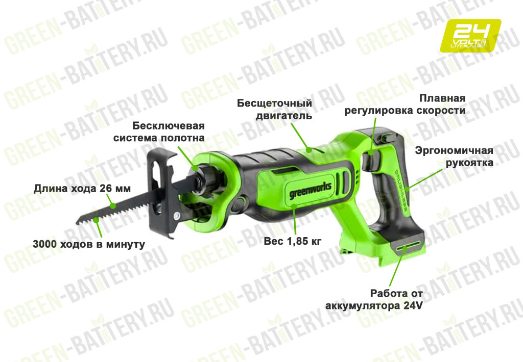 Пила сабельная аккумуляторная Greenworks 1200607 24V бесщеточная без АКБ и ЗУ GPT-BLRS-1 - фото 4 - id-p224319394