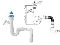 Сифон для кухни прямоточный с  выпуском 70мм, с гибкой трубой 1 1/2" - 40/50мм, AV Engineering