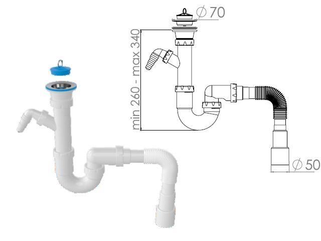 Сифон для кухни прямоточный с выпуском 70мм, с гибкой трубой 1 1/2" - 40/50мм, AV Engineering - фото 1 - id-p224326732