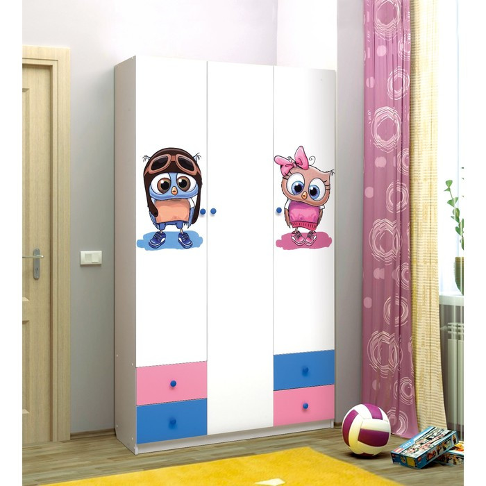 Шкаф с фотопечатью «Совята 3.1», 1200×490×2100 мм, цвет белый / синий / розовый - фото 1 - id-p224335202