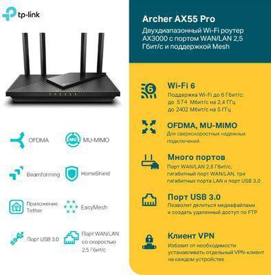 Wi-Fi роутер TP-LINK Archer AX55 Pro, AX3000 - фото 6 - id-p222386750