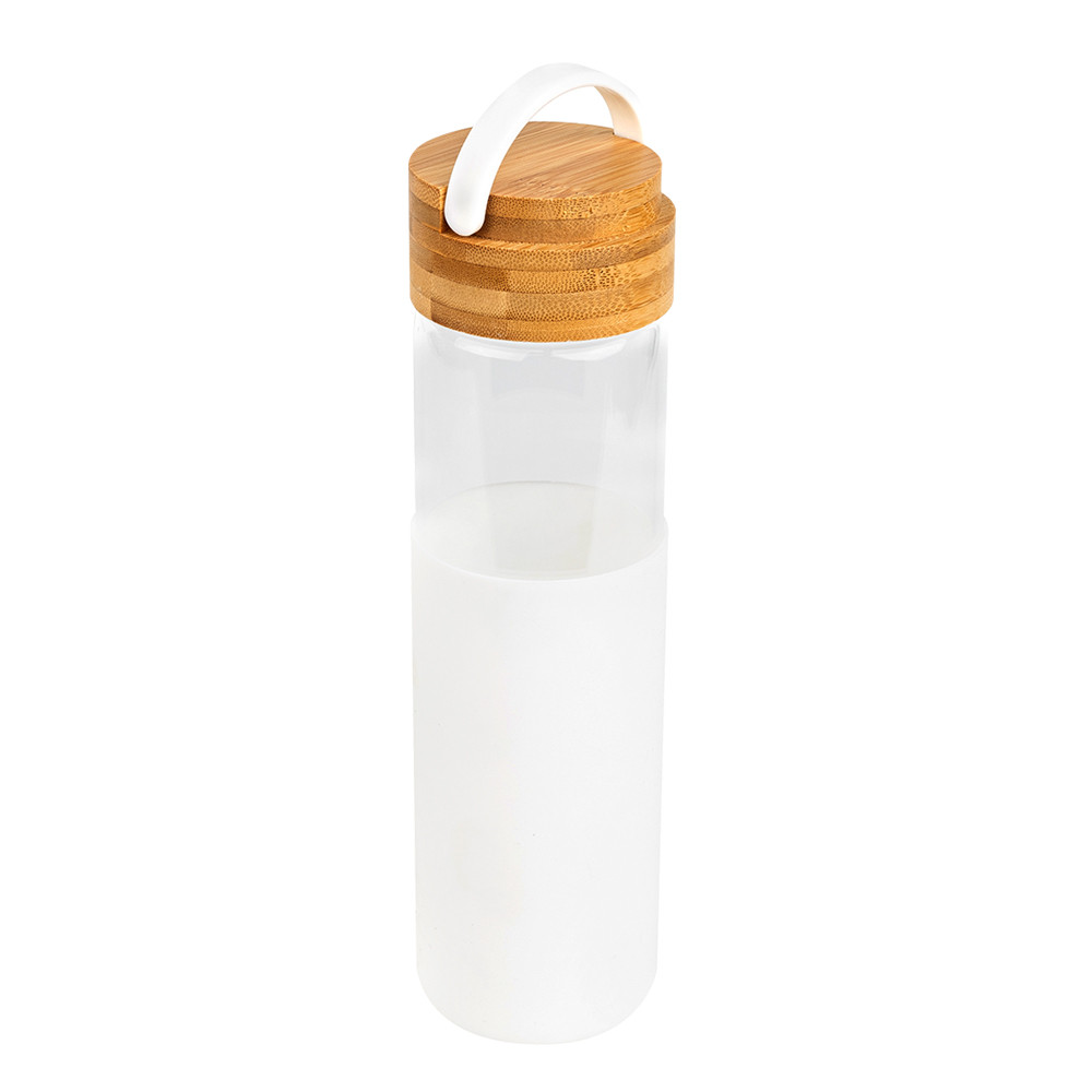 Бутылка стеклянная с силиконовой манжетой и бамбуковой крышкой Glass, белая - фото 1 - id-p224385559