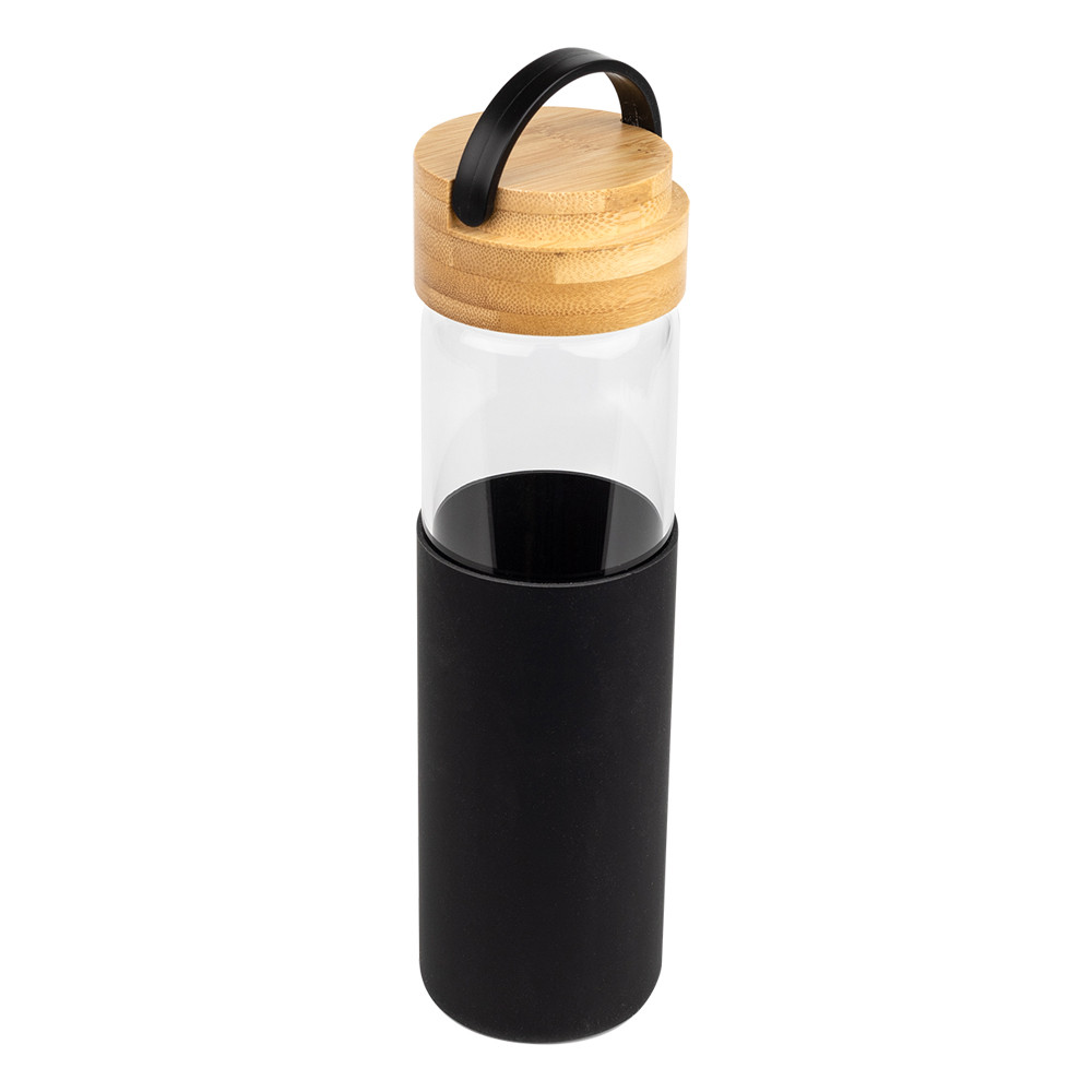 Бутылка стеклянная с силиконовой манжетой и бамбуковой крышкой Glass, черная - фото 1 - id-p224385560