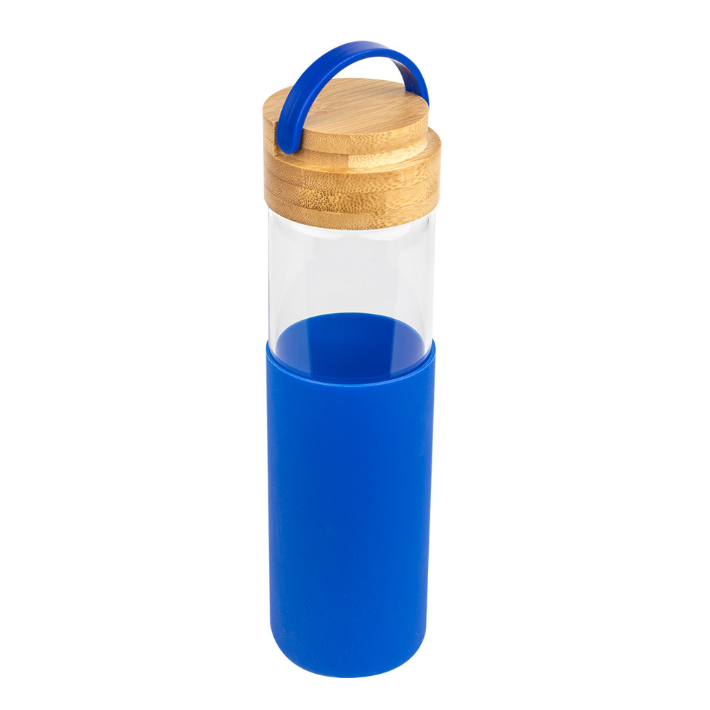 Бутылка стеклянная с силиконовой манжетой и бамбуковой крышкой Glass, синяя - фото 1 - id-p224385562