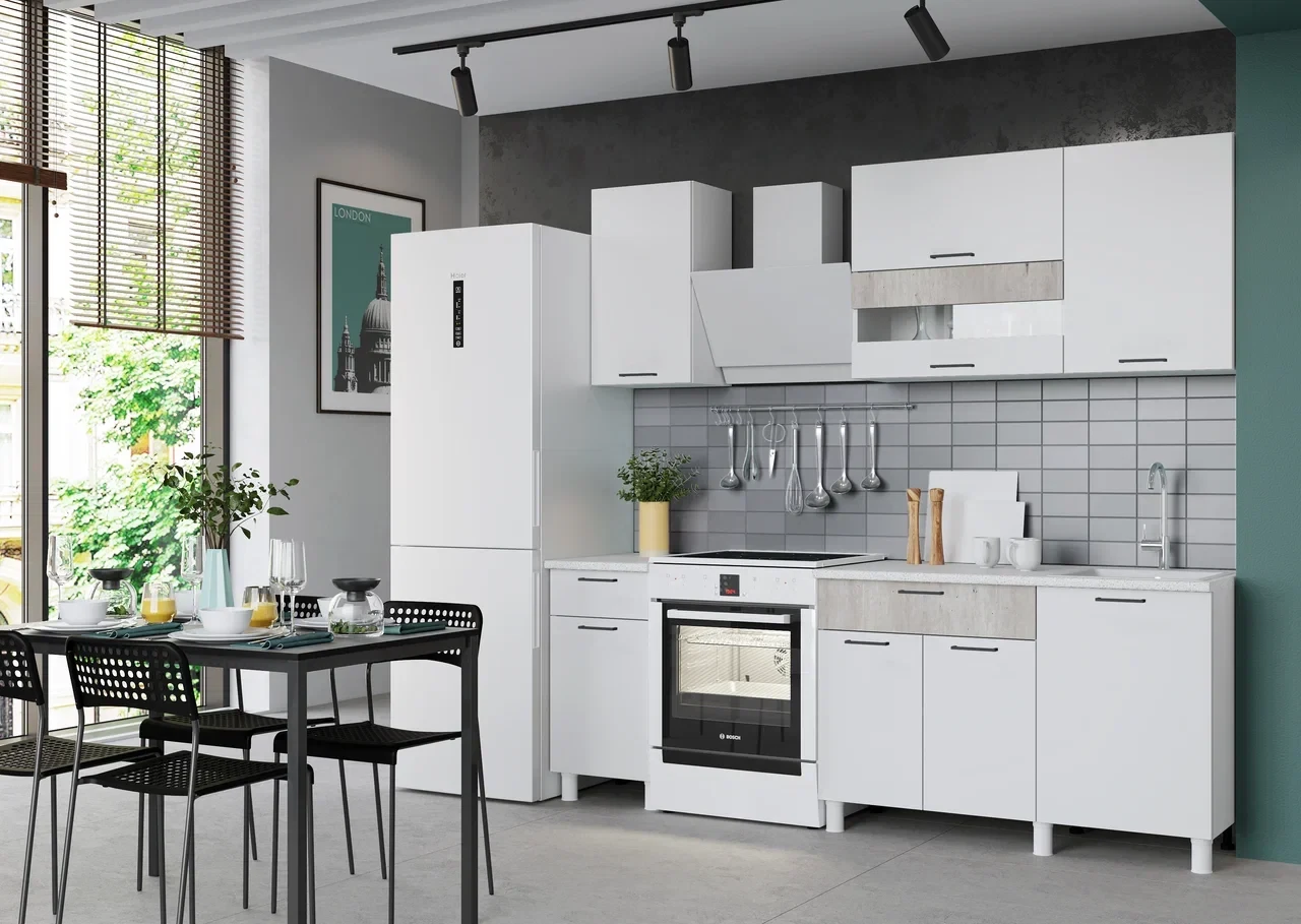 Кухонный гарнитур Trend 1.6м (0.4м+1.2м) - Белый эмалит/Бетон лайт (Горизонт) - фото 1 - id-p224398390