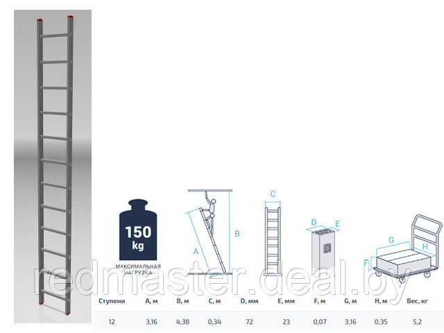 Лестница алюминиевая односекционная 316см, 12 ступеней, 5.2кг STARTUL ST9945-12