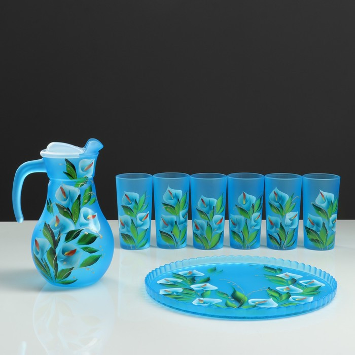 Набор для сока с подносом "Каллы" художественная роспись, 6 стаканов 1250/200 мл, синий - фото 1 - id-p224415771