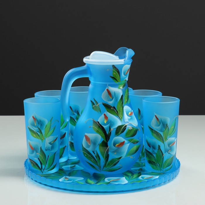 Набор для сока с подносом "Каллы" художественная роспись, 6 стаканов 1250/200 мл, синий - фото 2 - id-p224415771