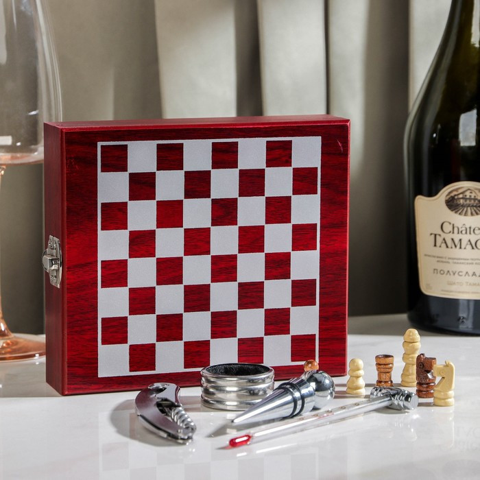 Набор для вина, 4 предмета: термометр, кольцо, открывашка, пробка, шахматы в комплекте - фото 1 - id-p224430943