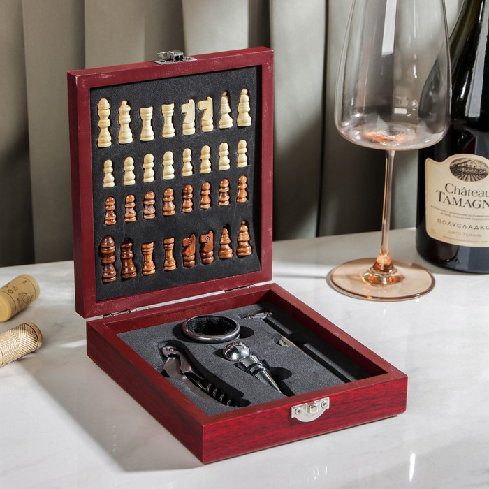 Набор для вина, 4 предмета: термометр, кольцо, открывашка, пробка, шахматы в комплекте - фото 3 - id-p224430943