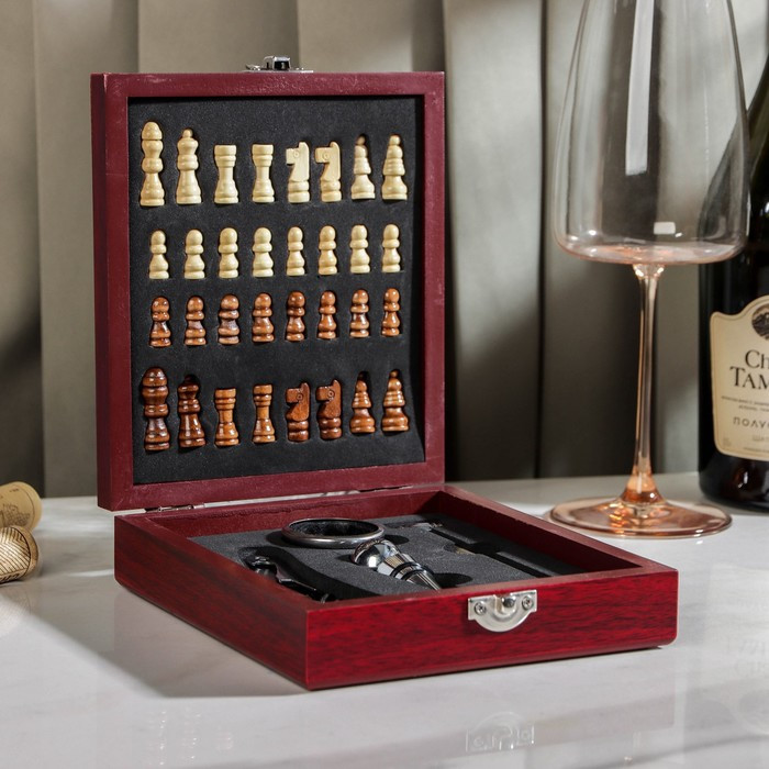 Набор для вина, 4 предмета: термометр, кольцо, открывашка, пробка, шахматы в комплекте - фото 5 - id-p224430943