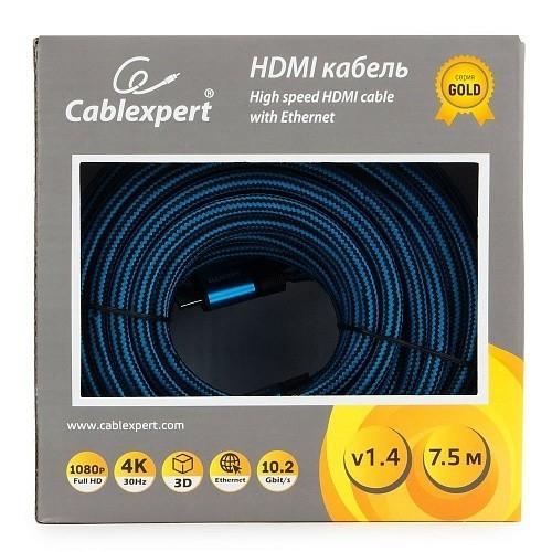 Кабель HDMI Cablexpert, серия Gold, 7,5 м, v1.4, M/M, синий, позол.разъемы, алюминиевый корпус, нейлоновая - фото 1 - id-p224452590