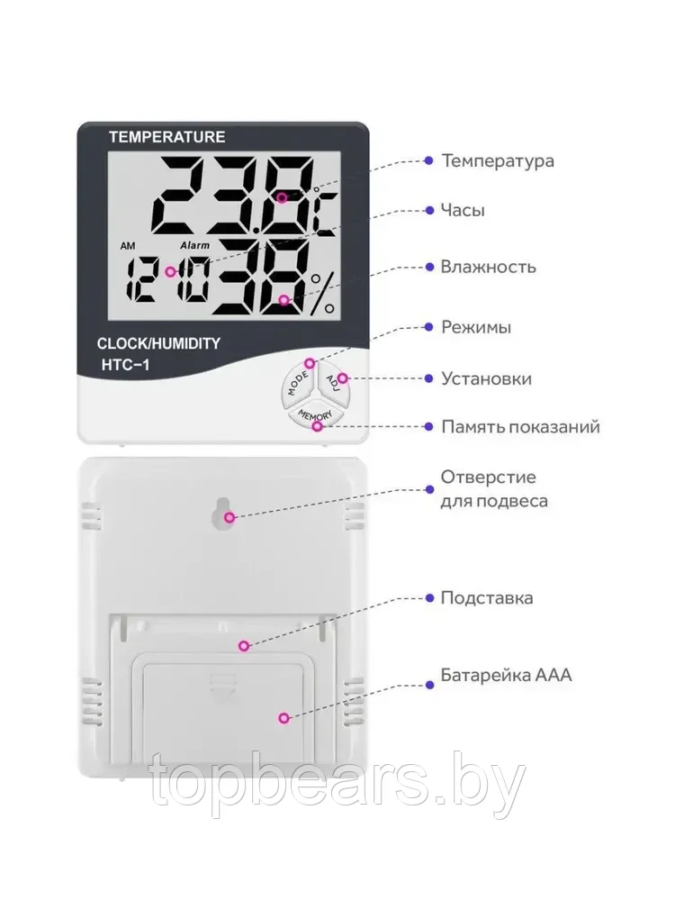 Электронный термометр гигрометр комнатный настенный HTC-1 / Термогигрометр цифровой настольный / Погодная стан - фото 3 - id-p224458070