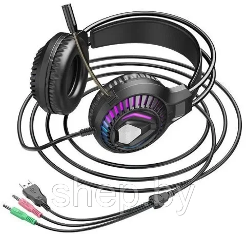 Наушники Hoco ESD12 полноразмерные игровые с микрофоном (2 м., USB+2*3,5 мм, переходник 2*3,5мм) цвет: черный - фото 4 - id-p224459112