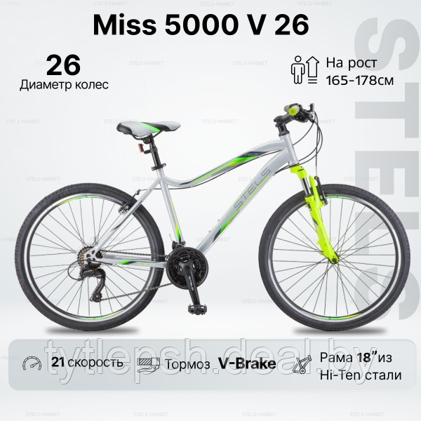 Велосипед Stels Miss 5000 V 26 K010 р.18 2021 (серебристый/салатовый) - фото 1 - id-p224463753