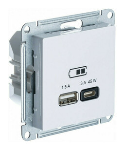 ATN000129 ATLASDESIGN USB РОЗЕТКА A + тип-C 45W высокоскор.заряд. QC, PD, механизм, БЕЛЫЙ - фото 1 - id-p224469968