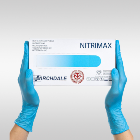 Перчатки нитриловые голубые NitriMAX, 100 шт.(50 пар)/уп. - фото 1 - id-p168382118
