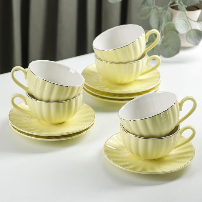 Сервиз фарфоровый чайный Доляна «Вивьен», 12 предметов: 6 чашек 200 мл, 6 блюдец d=15 см, цвет жёлтый - фото 1 - id-p224490408