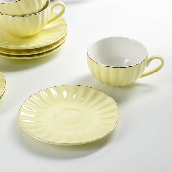 Сервиз фарфоровый чайный Доляна «Вивьен», 12 предметов: 6 чашек 200 мл, 6 блюдец d=15 см, цвет жёлтый - фото 2 - id-p224490408