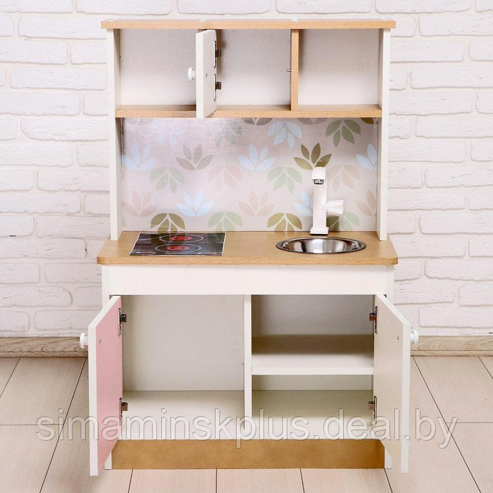 Игровая мебель «Детская кухня», цвет корпуса бело-бежевый, цвет фасада бело-розовый, фартук цветы - фото 4 - id-p224496034