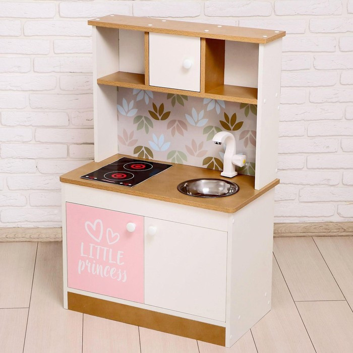 Игровая мебель «Детская кухня», цвет корпуса бело-бежевый, цвет фасада бело-розовый, фартук цветы - фото 1 - id-p224496527