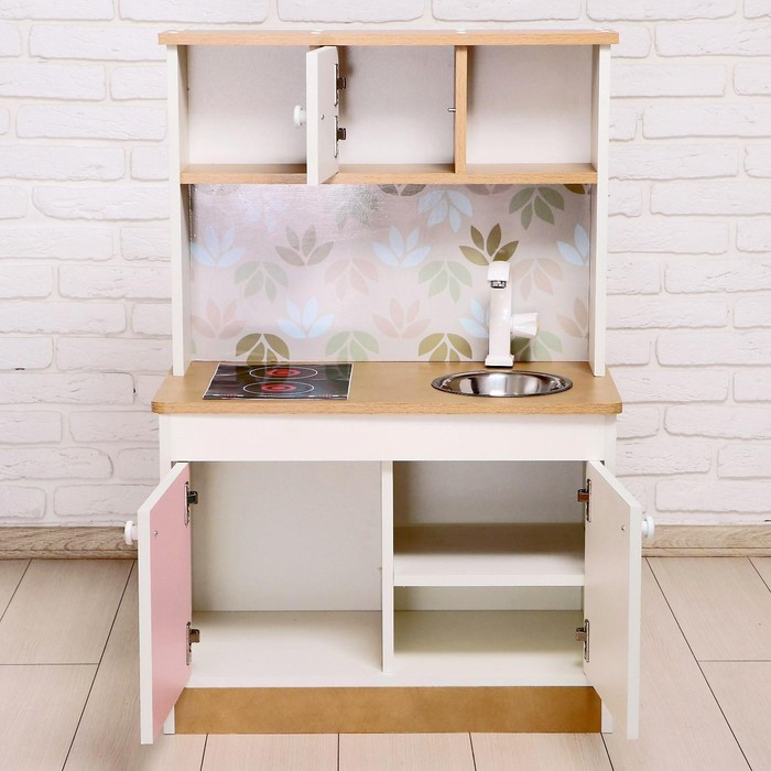 Игровая мебель «Детская кухня», цвет корпуса бело-бежевый, цвет фасада бело-розовый, фартук цветы - фото 4 - id-p224496527