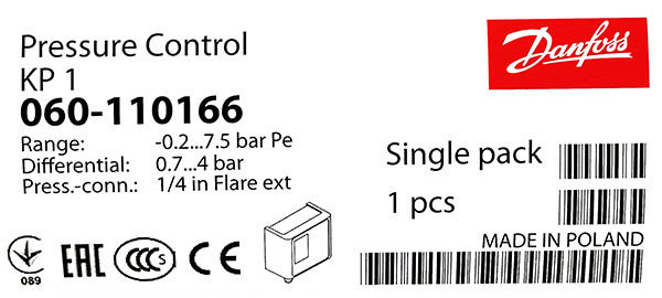 Реле низкого давления Danfoss KP-1 (-0.2 – 7.5 бар) 060-110166, фото 2