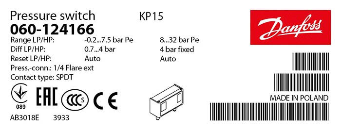 Реле низкого и высокого давления Danfoss KP-15 (двухблочное), 060-124166, фото 2
