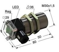Индуктивный бесконтактный датчик в цилиндрическом латунном корпусе с резьбой М30х1,5 мм PS2R-30M80-10B21-B
