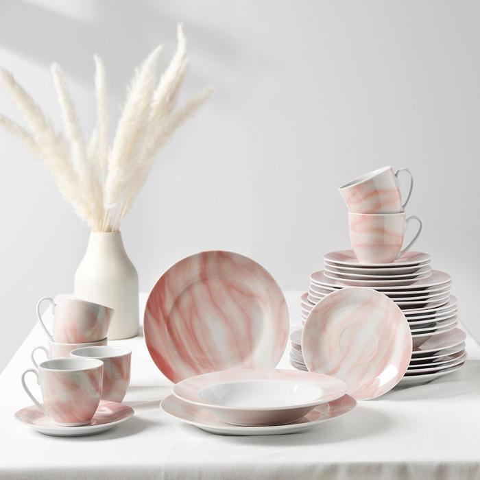 Набор керамической посуды Доляна «Мрамор», 24 предмета: тарелки d=19/21/24 см, чайная пара 200 мл, цвет - фото 1 - id-p224515210