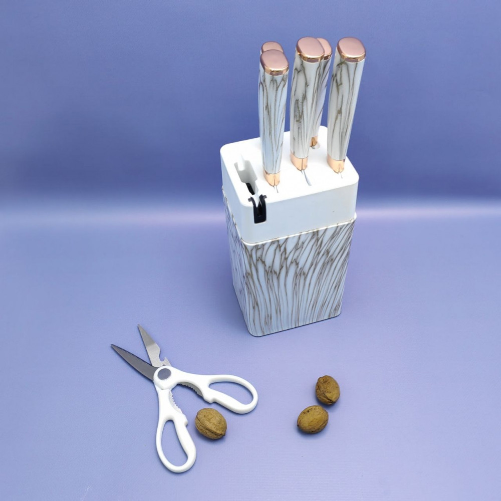 Набор кухонных ножей из нержавеющей стали 7 предметов Alomi на подставке / Подарочная упаковка Белый мрамор - фото 2 - id-p224515713