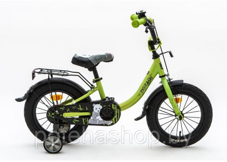 Велосипед с приставными колесами, колеса 14" ZIGZAG ZOO зеленый, ZG-1484