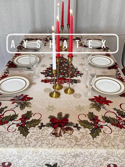 Cкатерть новогодняя гобеленовая праздничная большая прямоугольная на овальный стол тканевая кухонная столовая - фото 3 - id-p224444186