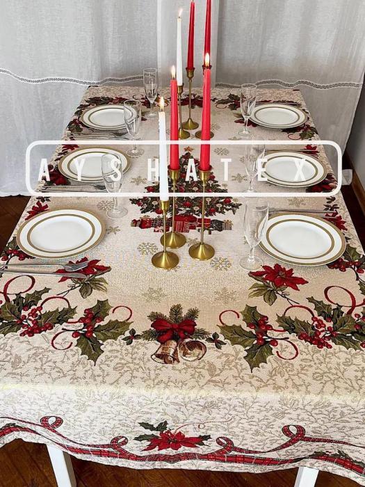 Cкатерть новогодняя гобеленовая праздничная большая прямоугольная на овальный стол тканевая кухонная столовая - фото 6 - id-p224444186