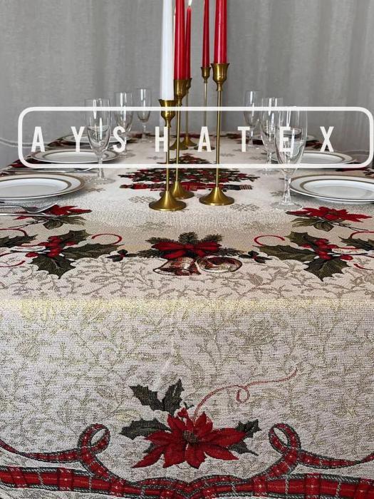 Cкатерть новогодняя гобеленовая праздничная большая прямоугольная на овальный стол тканевая кухонная столовая - фото 8 - id-p224444186