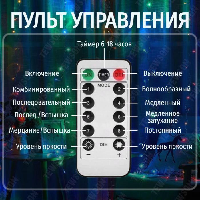 Гирлянда штора 3х3 с пультом на окно стену новогодняя светодиодная занавес водопад роса дождик LED цветная - фото 6 - id-p224444210