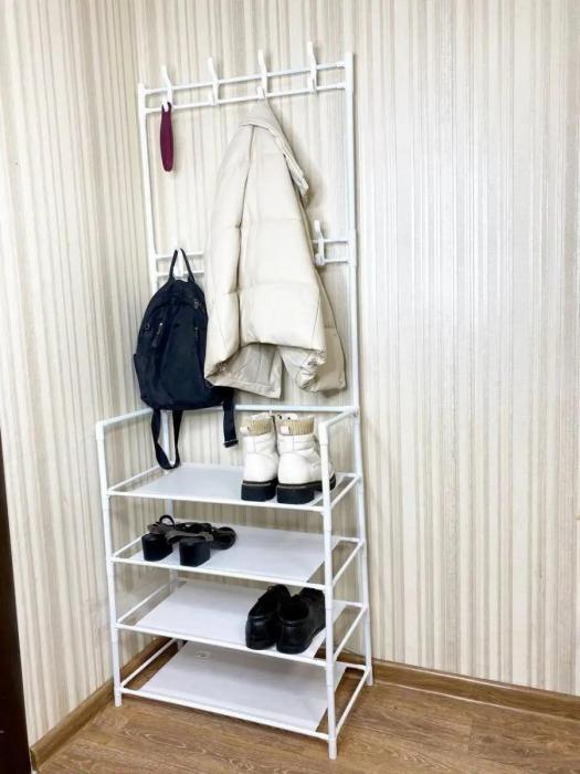 Вешалка напольная для одежды металлическая с обувницей полками в прихожую коридор Тумба под обувь белая - фото 7 - id-p224444320
