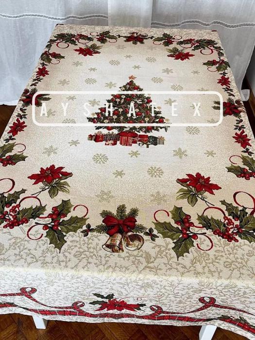 Cкатерть новогодняя гобеленовая праздничная большая прямоугольная на овальный стол тканевая кухонная столовая - фото 10 - id-p224425779