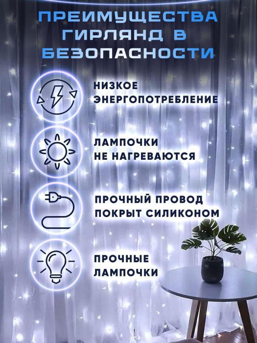 Гирлянда штора 2х2 на окно стену новогодняя светодиодная занавес водопад роса дождик белая LED дождь - фото 7 - id-p224425835