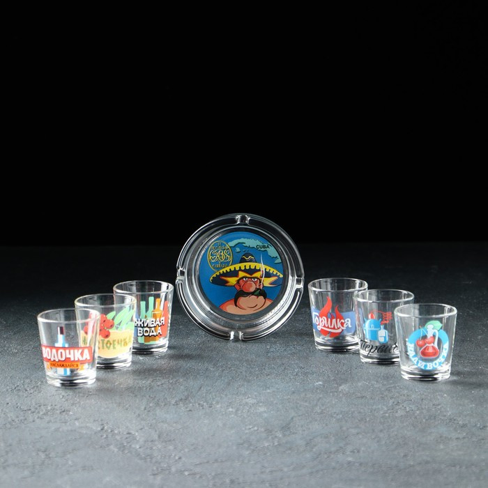 Набор подарочный «Крепкие напитки», стеклянный, 7 предметов: стопка 70 мл, пепельница - фото 1 - id-p224541545