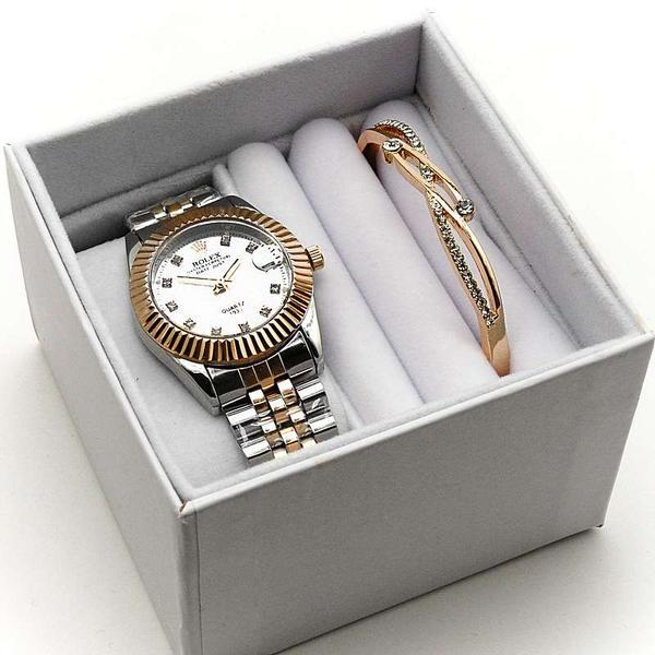 Подарочный набор для женщин в стиле ROLEX часы + браслет в коробке 4 вида - фото 2 - id-p224543354