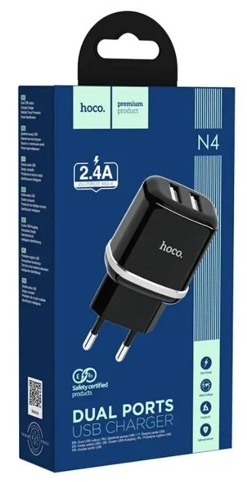 Сетевое зарядное устройство N4 Aspiring dual port charger(EU) черный hoco 2,4A - фото 1 - id-p224555666