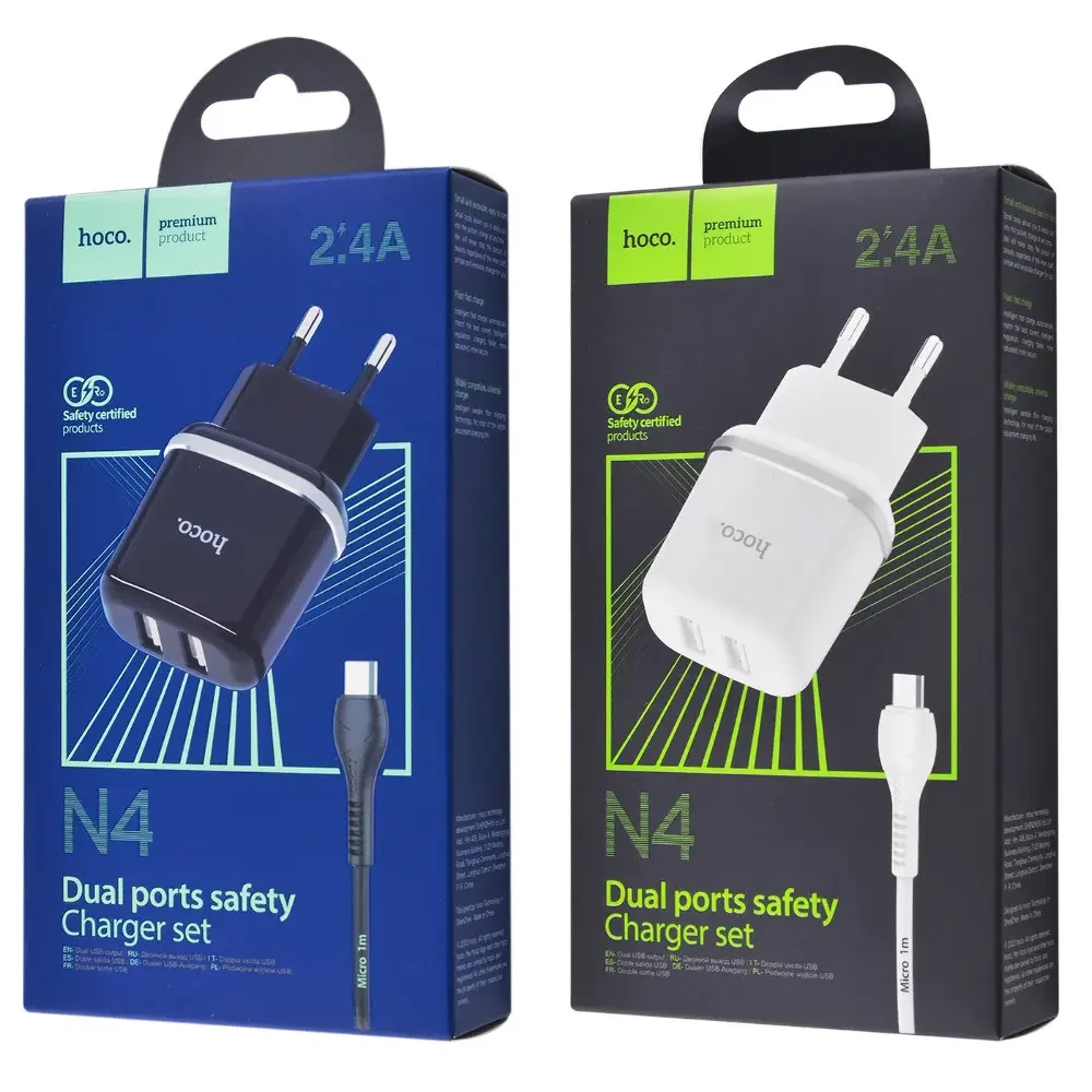 Сетевое зарядное устройство N4 Aspiring dual port charger set(for Lightning)(EU) белый hoco 2,4A - фото 1 - id-p224555670