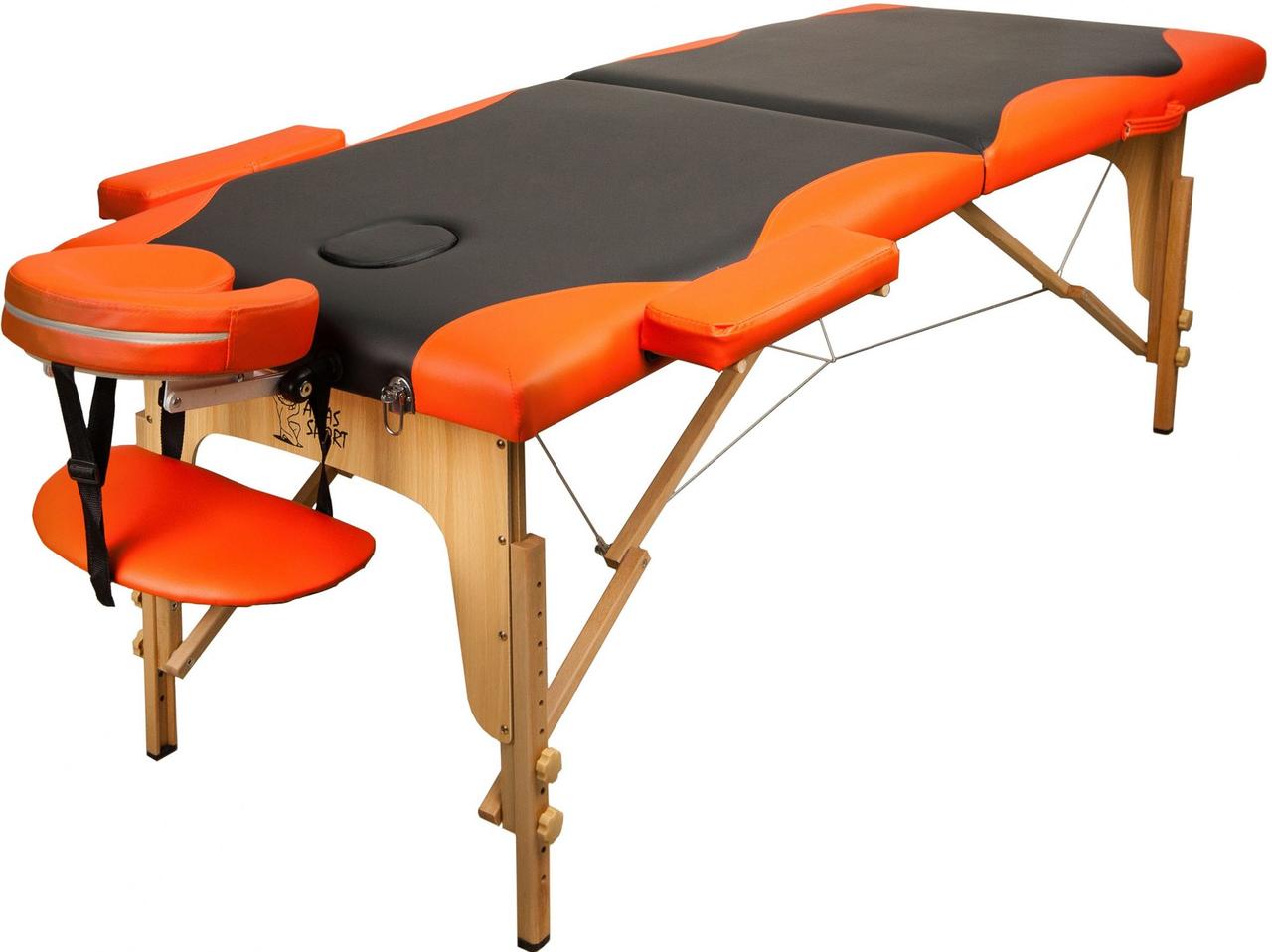 Массажный стол Atlas Sport складной 2-с 60 см деревянный + сумка (черно-оранжевый) - фото 1 - id-p224557755