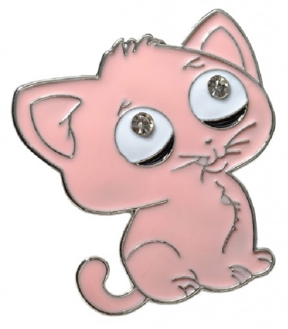Брошь «Котик с большими глазами» 4*4 см, цвет розовый в серебре