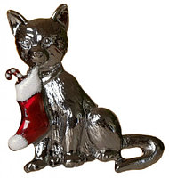 Брошь новогодняя «Кот» с носочком 4,5*4,3 см, цвет красно-белый в серебре