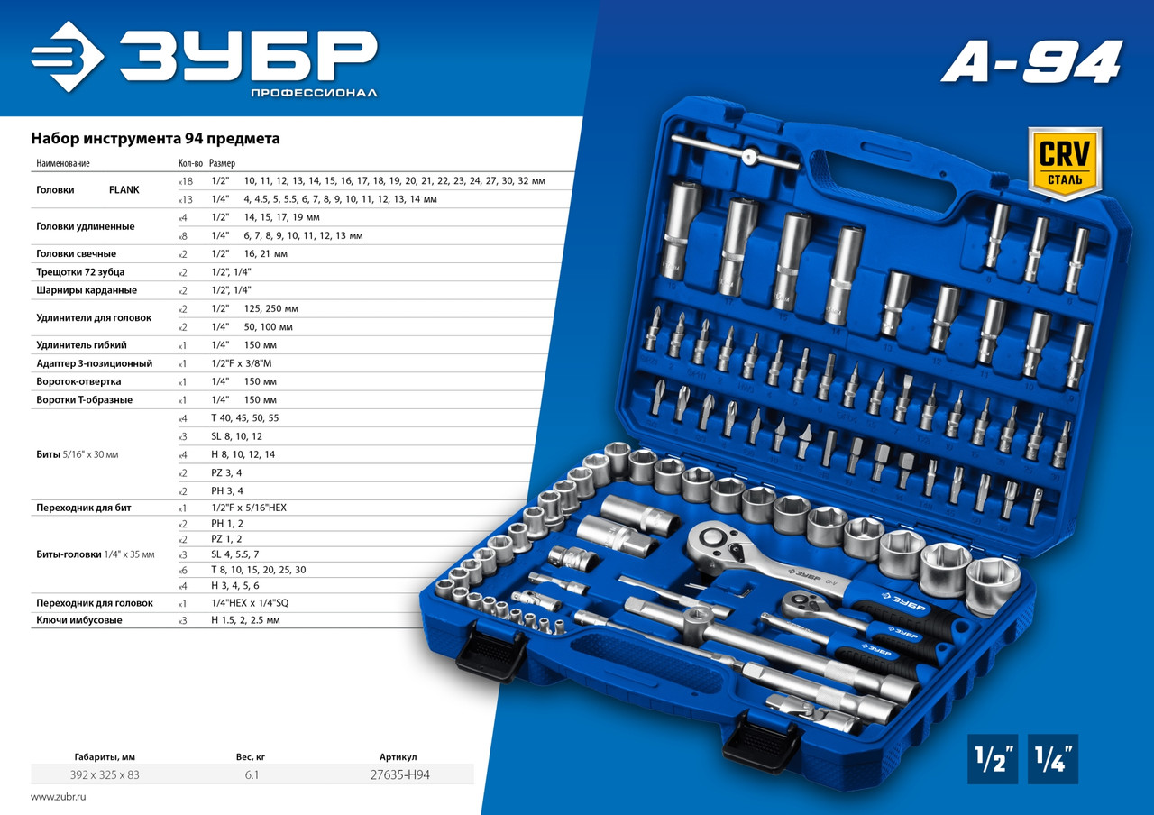 ЗУБР А-94, 94 предм., (1/2 + 1/4 ), универсальный набор инструмента, Профессионал - фото 6 - id-p224648343